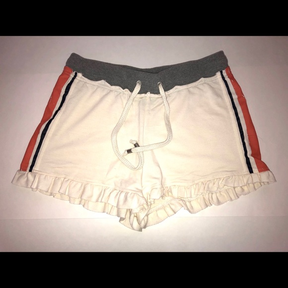 CREAM COLORED SHORTS BLUE AND ORANGE STRIPES - Picture 1 of 4